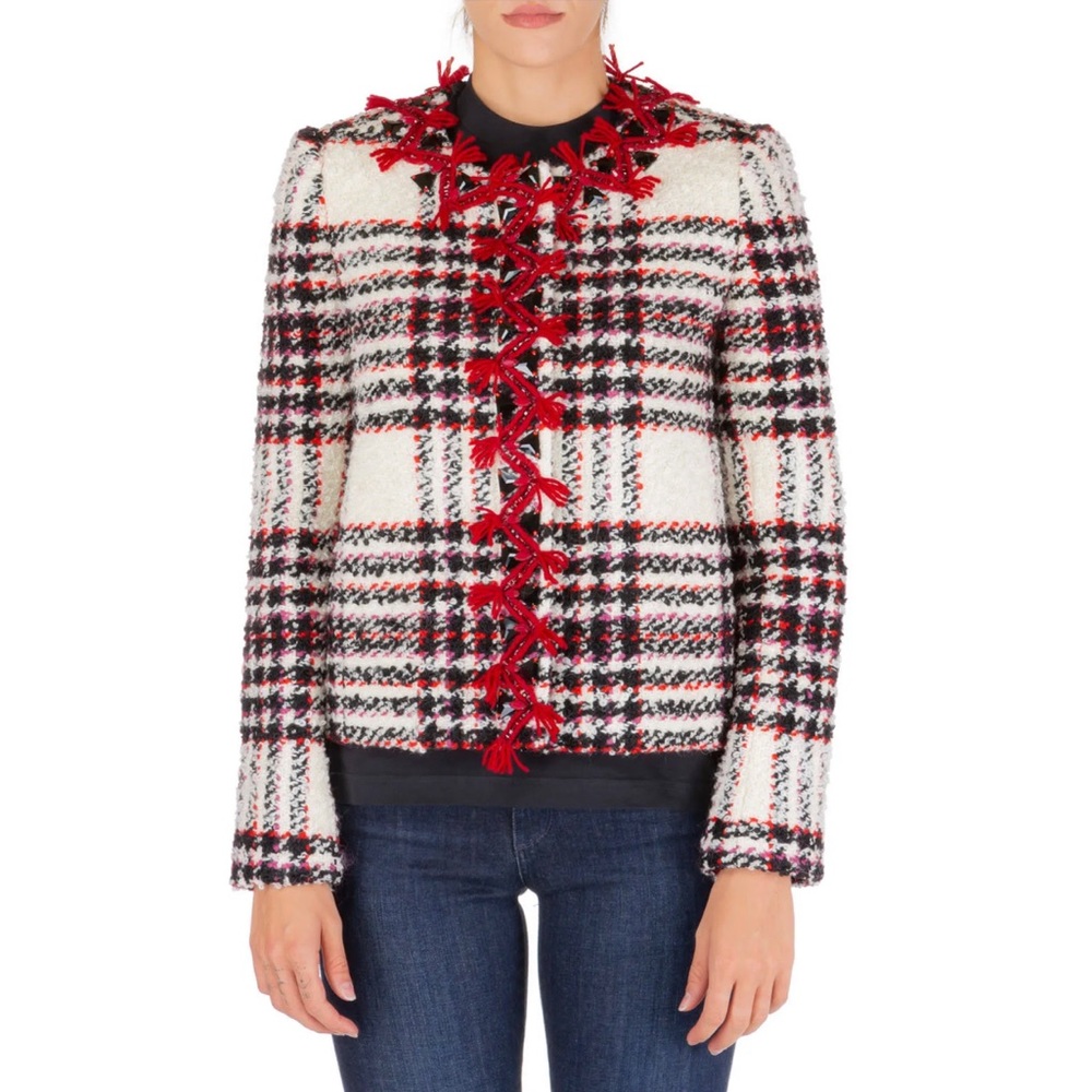 TORY BURCH Embroidered Crystal Buttons‎ Tweed Jacket In White
